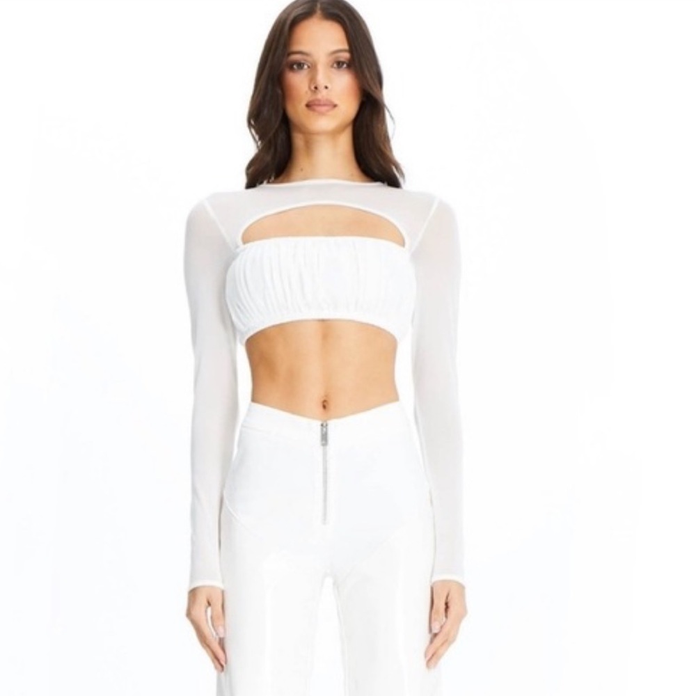 I.AM.GIA Anya Ruched Mesh Cutout Long Sleeve Crop Top Ivory Medium Sheer Party